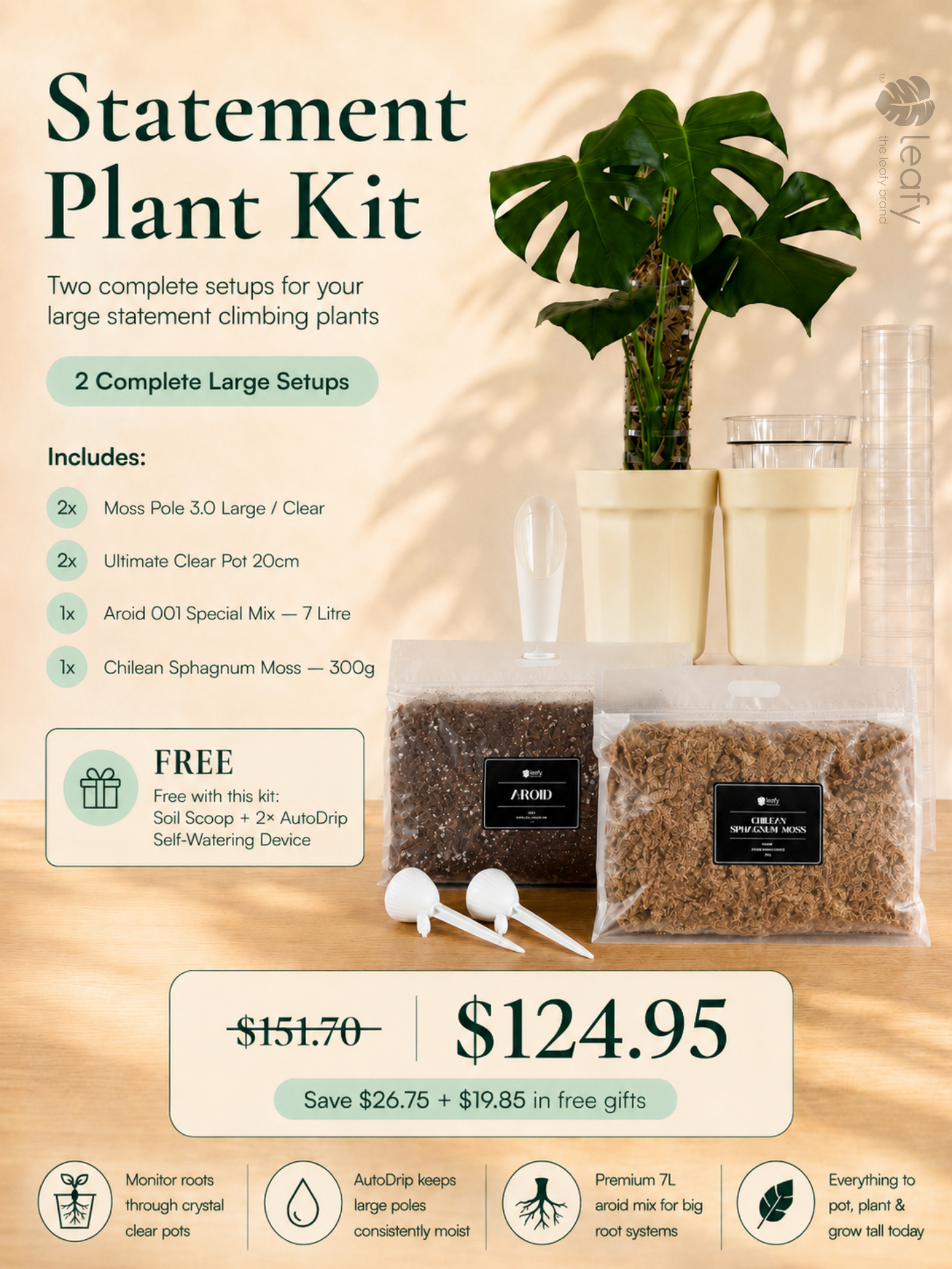 leafy™ Moss Pole Grow Kit — Statement Plant. 2× Moss Pole 3.0 Large with Ultimate Clear Pot 20cm, Aroid Mix, 300g Sphagnum Moss and free AutoDrip