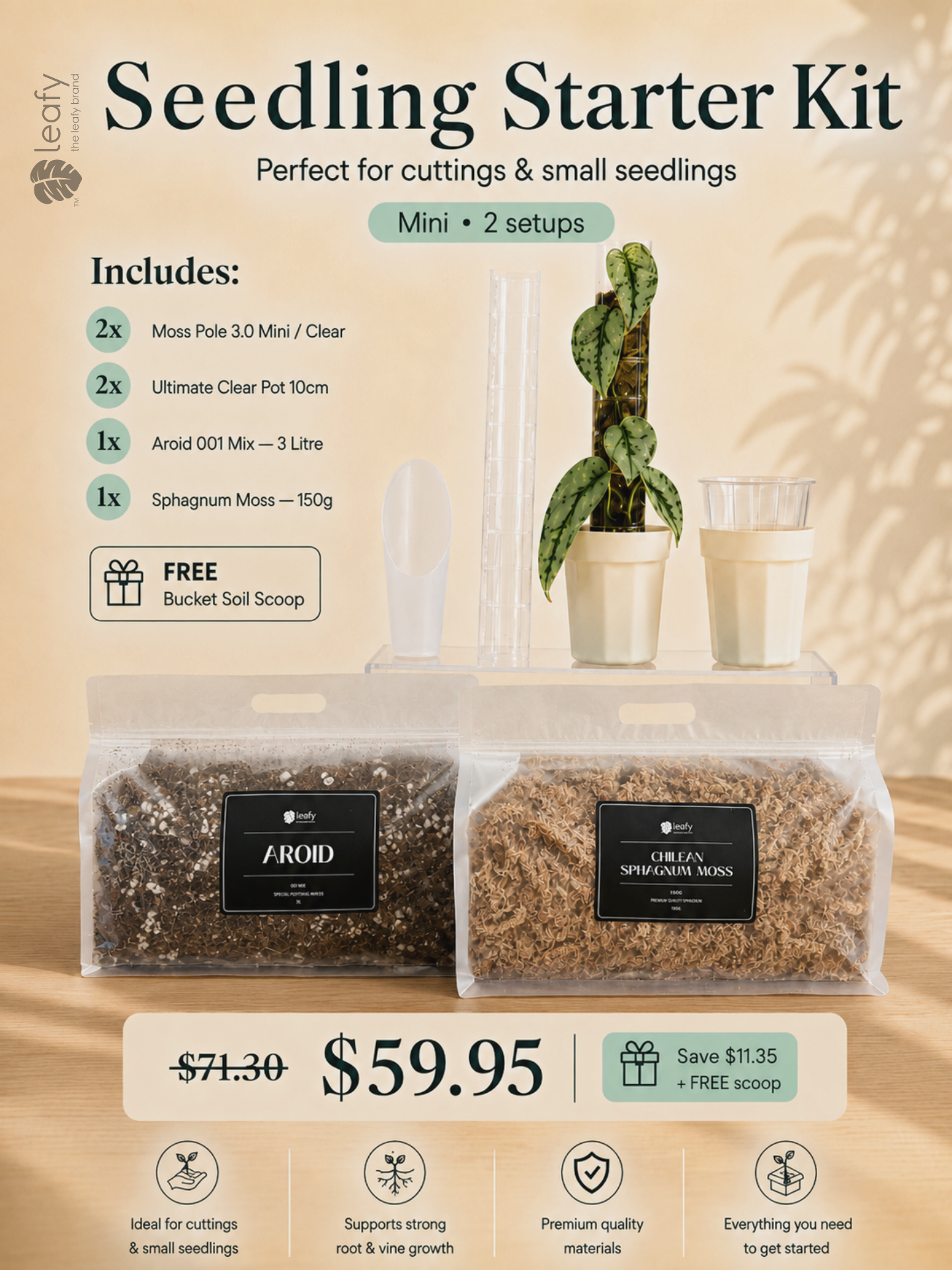 leafy™ Moss Pole Grow Kit — Seedling Starter. 2× Moss Pole 3.0 Mini with Ultimate Clear Pot 10cm, Aroid Mix and Sphagnum Moss