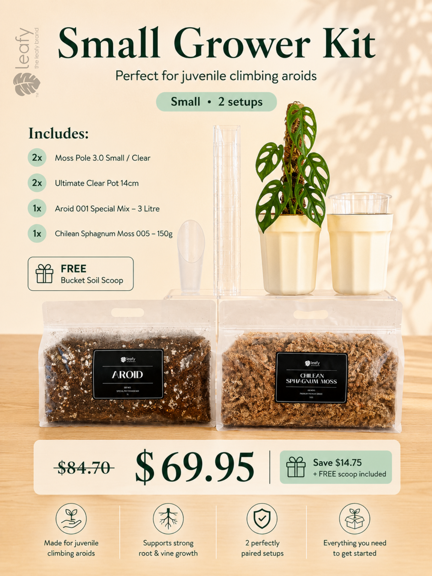 leafy™ Moss Pole Grow Kit — Small Grower. 2× Moss Pole 3.0 Small with Ultimate Clear Pot 14cm, Aroid Mix and Sphagnum Moss